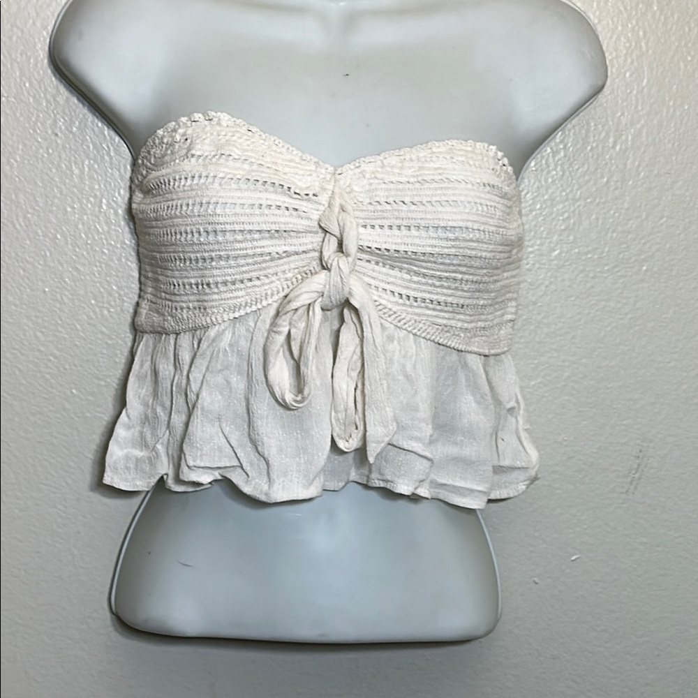 American Eagle Outfitters Cream Tie Front Ruffled Crop Top